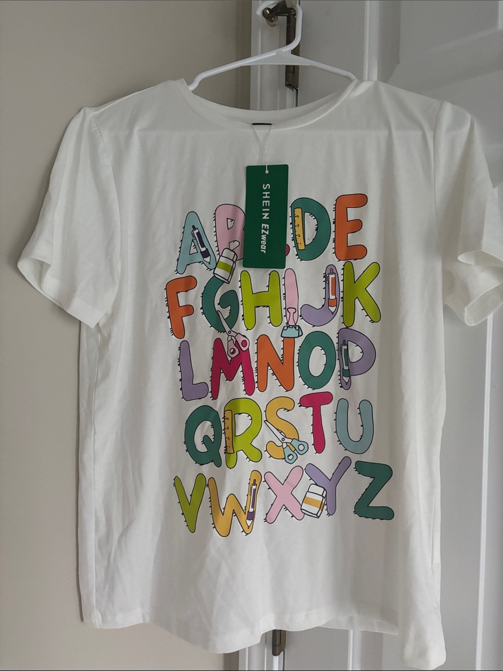 SHEIN women’s  White Tee with Colorful Alphabet Print
